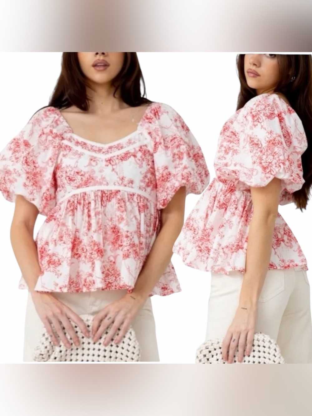 Fab’rik French Toile White Red Top Sweetheart Neck Puff Sleeve Parisian Girl